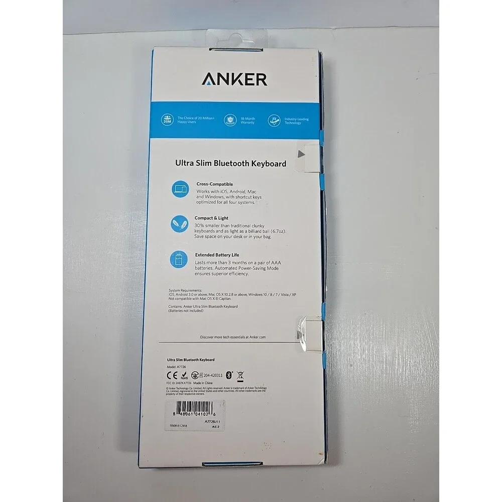 Anker Wireless Bluetooth Keyboard Ultra Slim for iOS Mac Android PC Sealed New
